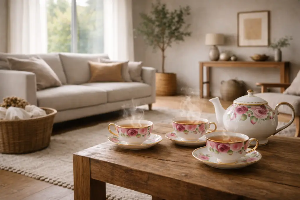Rituel du thé en porcelaine avec trois tasses fumantes dans un salon apaisé illustrant l’art de vivre Oxygène Pro