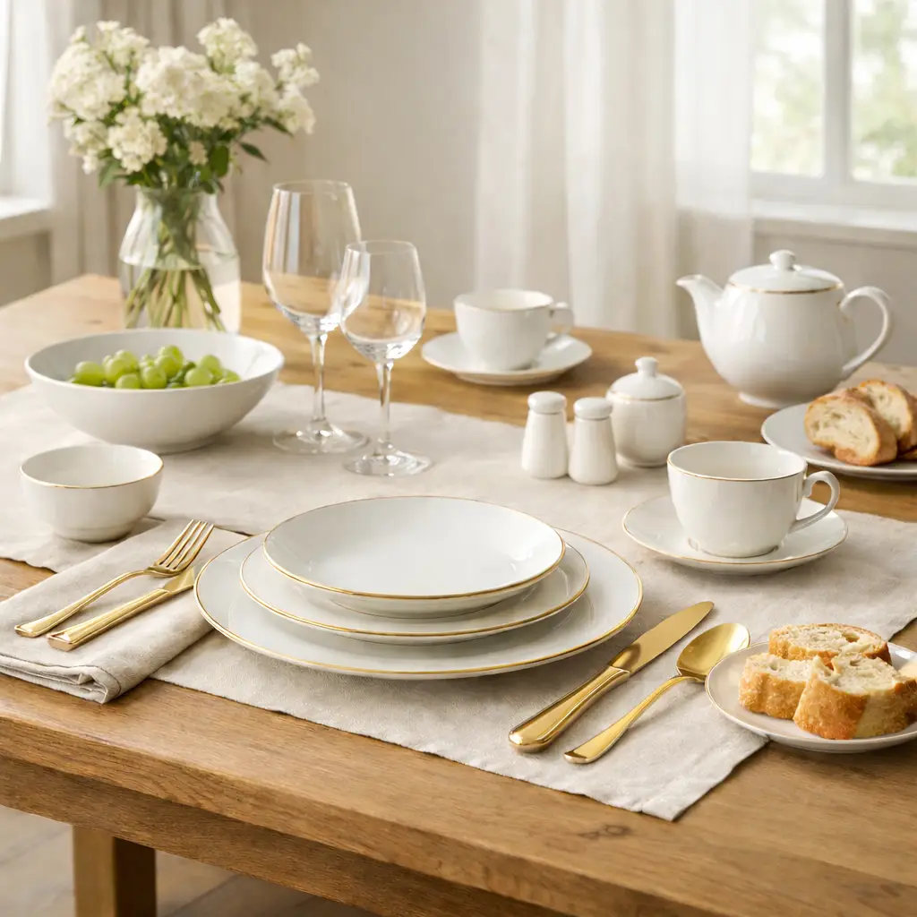 Table dressée avec service en porcelaine feldspathique blanche à liseré doré, couverts dorés et ambiance lumineuse et épurée