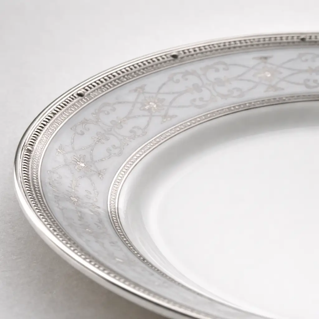 Gros plan d’une assiette en porcelaine feldspathique avec bord argenté finement ciselé et motif décoratif classique