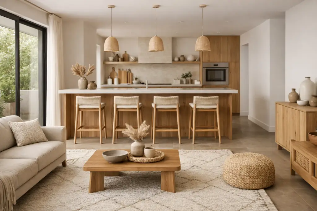 Salon moderne lumineux avec mobilier en bois naturel, bar avec chaises et cuisine ouverte, ambiance art de vivre épurée – Oxygène Pro