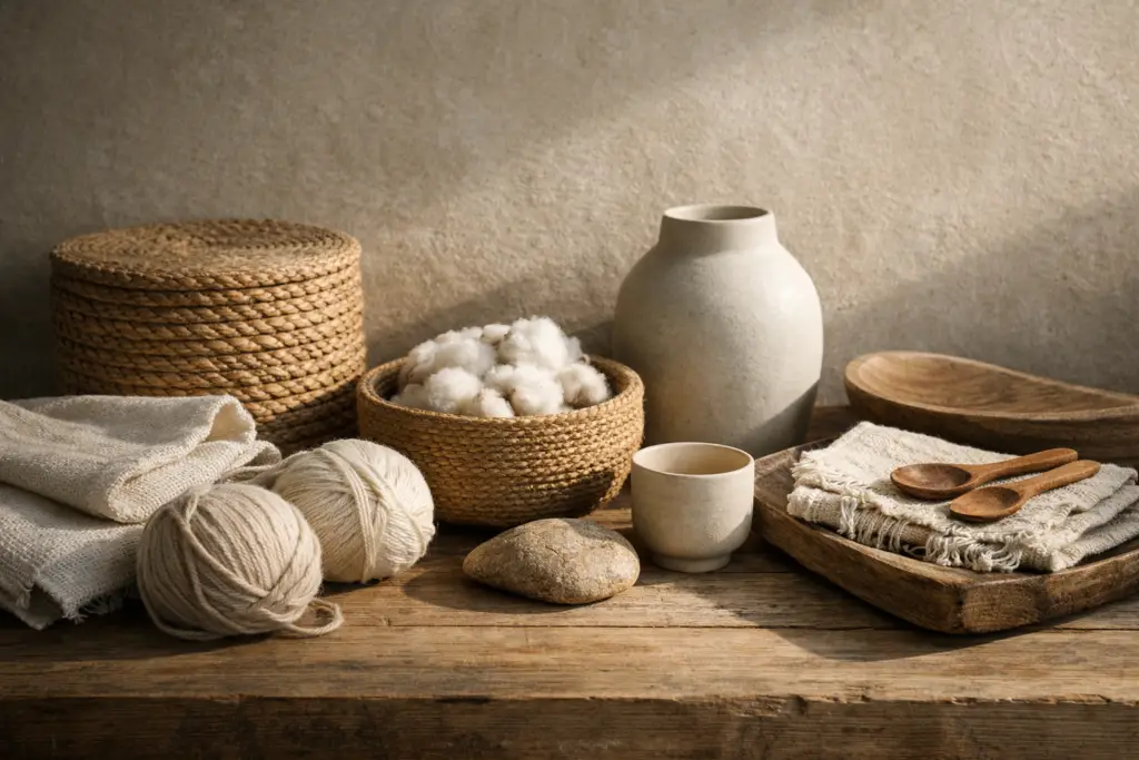 Matières naturelles authentiques en bois, coton, laine et céramique illustrant l’art de vivre durable selon Oxygène Pro