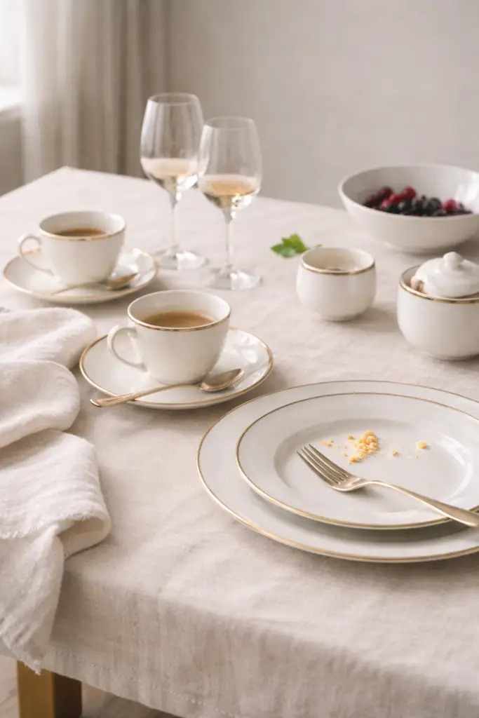 Table après service avec porcelaine feldspathique décorée, assiettes et tasses à café en usage réel, ambiance élégante et naturelle
