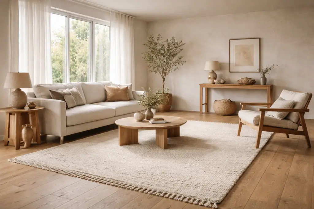 Espace intérieur apaisé avec mobilier minimaliste, tapis artisanal et matières naturelles illustrant l’art de vivre selon Oxygène Pro