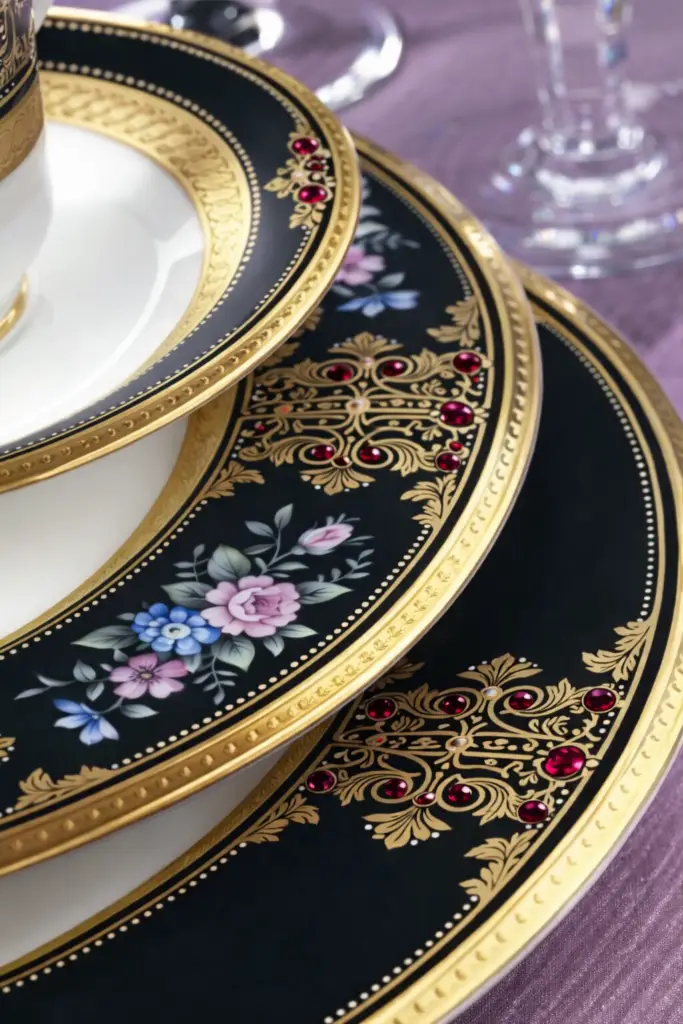 Assiettes en porcelaine feldspathique noire et or avec saphirs rouge foncé intégrés, décoration florale raffinée et finition haut de gamme