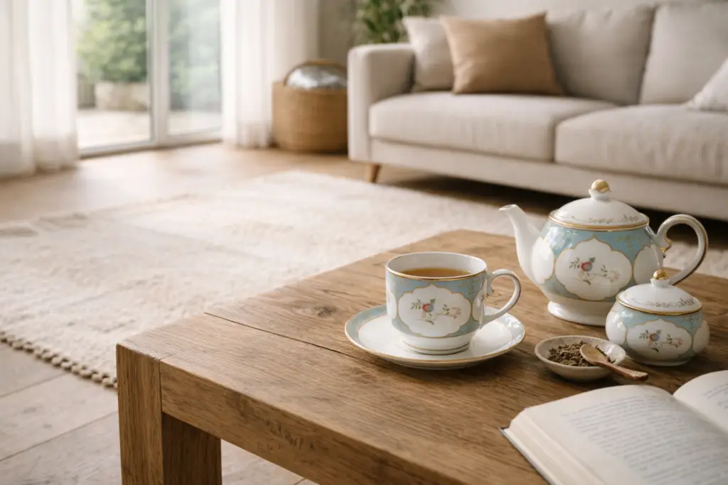 Rituel du thé en porcelaine dans un espace intérieur apaisé illustrant l’art de vivre selon Oxygène Pro