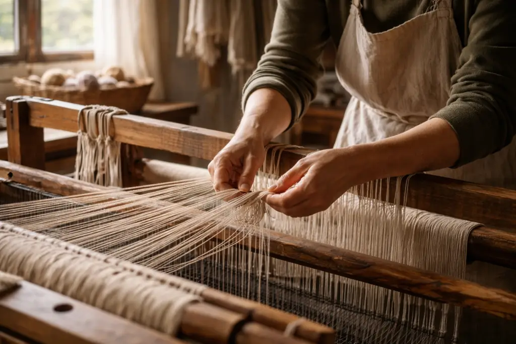 Geste artisanal sur métier à tisser traditionnel illustrant le savoir-faire et l’art de vivre selon Oxygène Pro