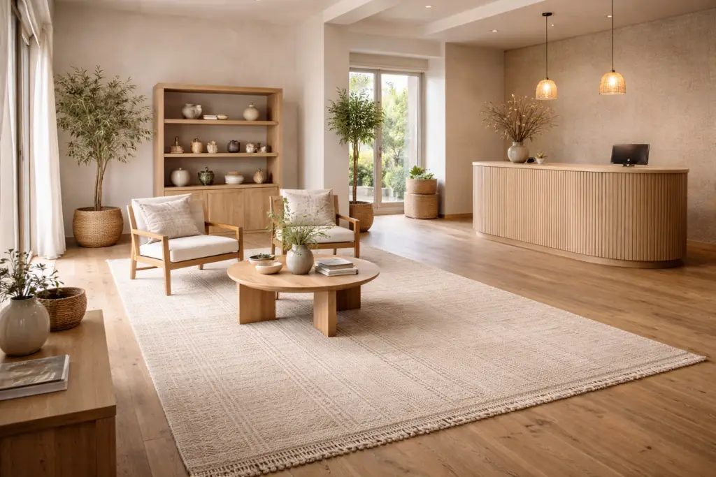 Espace professionnel apaisant avec tapis artisanal et mobilier en matières naturelles illustrant l’art de vivre selon Oxygène Pro