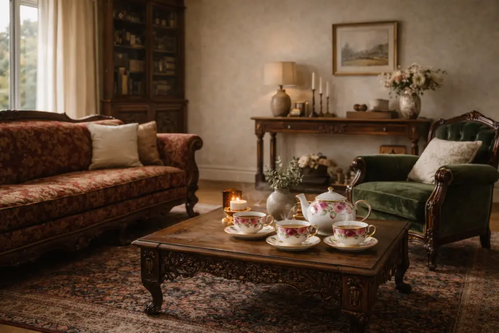 Salon de style victorien anglais avec mobilier décoratif et set à thé en porcelaine illustrant l’art de vivre selon Oxygène Pro