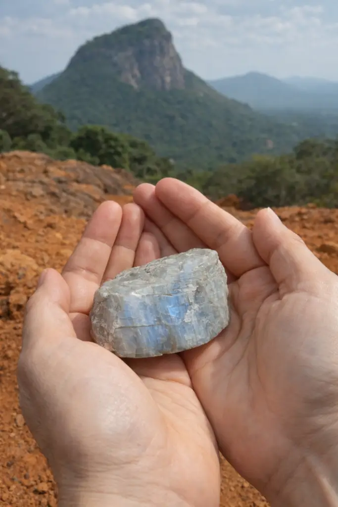 Pierre de lune bleue brute tenue dans les mains sur un plateau rocheux, sol argileux brun orangé, au pied d’une montagne au Sri Lanka