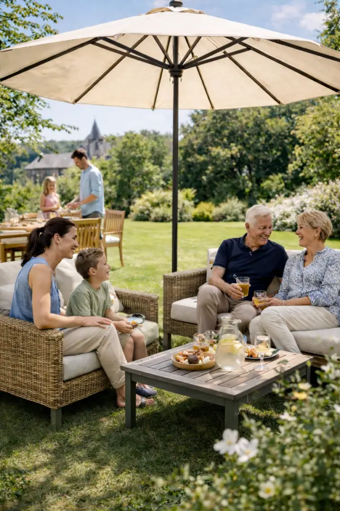 Salon de jardin avec fauteuils extérieurs et parasol, mobilier extérieur en situation réelle dans un jardin