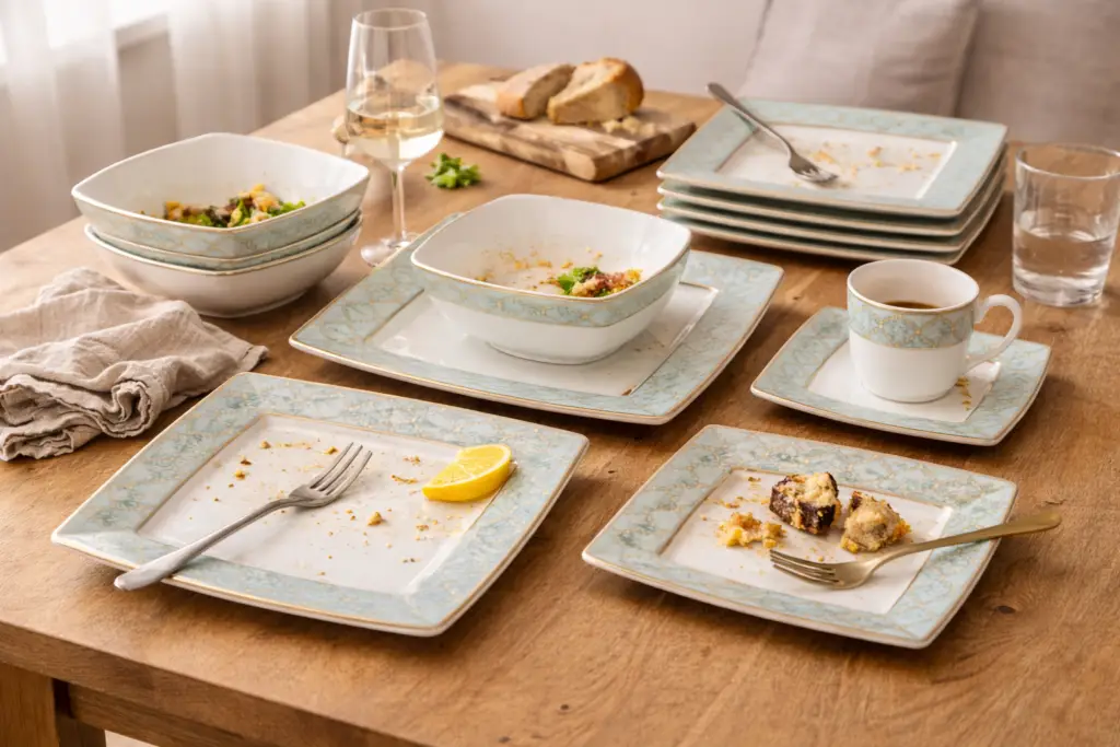 Assiettes en porcelaine utilisées au quotidien à la maison