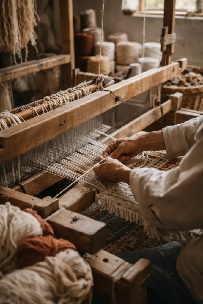 Mains d’artisan ajustant les fils d’un tapis sur un métier à tisser traditionnel en bois, atelier artisanal et matières naturelles – Oxygène Pro