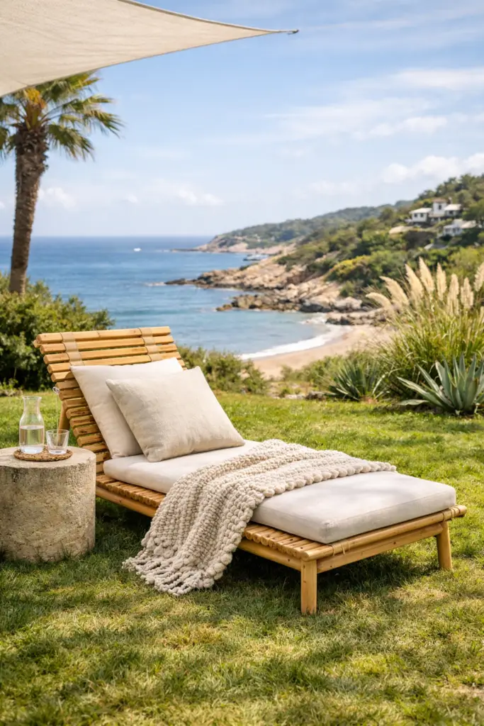 Bain de soleil en bambou et bois naturel avec coussin en lin, mobilier extérieur installé sur pelouse