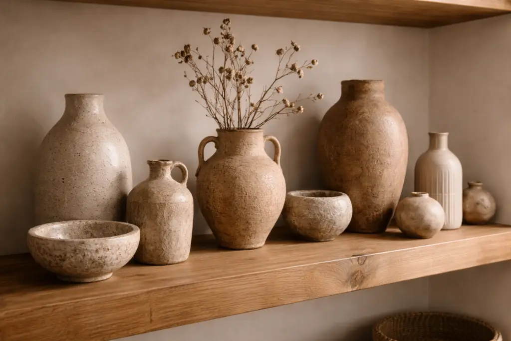 Zoom sur étagère en bois avec vases et objets décoratifs en céramique et terre cuite aux formes organiques, matière brute et esthétique intemporelle – Oxygène Pro