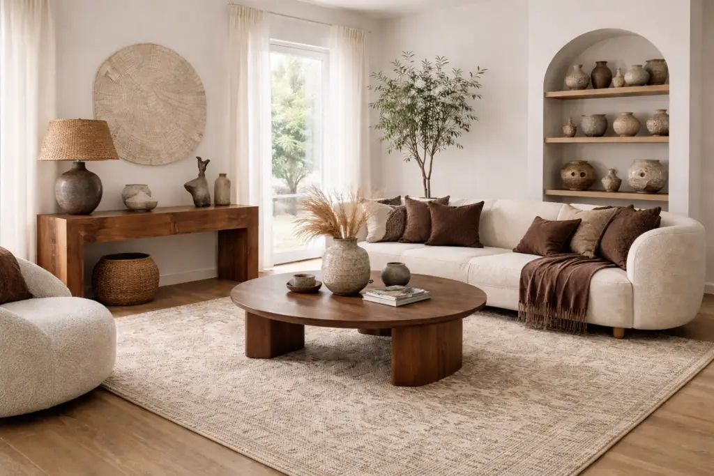Scène intérieure contemporaine et chaleureuse avec meubles en noyer, textiles couleur chocolat et objets décoratifs artisanaux en matières naturelles – Oxygène Pro