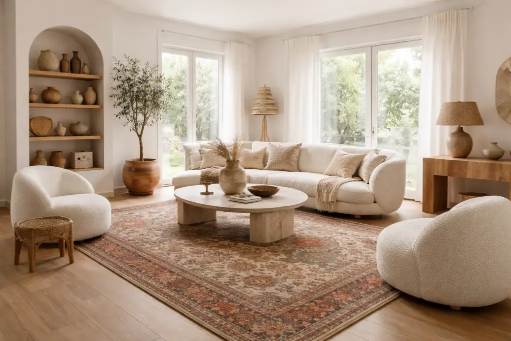Intérieur élégant et lumineux avec tapis persan artisanal tissé à la main, mobilier minimaliste aux formes arrondies et objets décoratifs naturels – Oxygène Pro