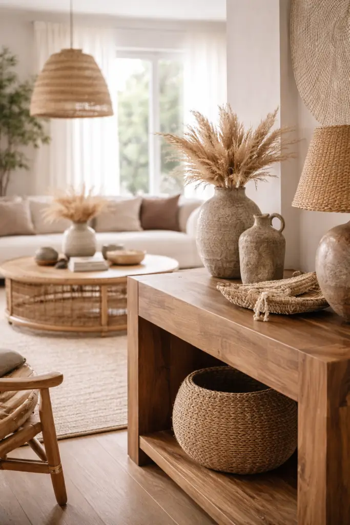 Gros plan sur matières naturelles en décoration intérieure : bois, bambou, rotin et fibres tressées créant une ambiance chaleureuse et apaisante – Oxygène Pro