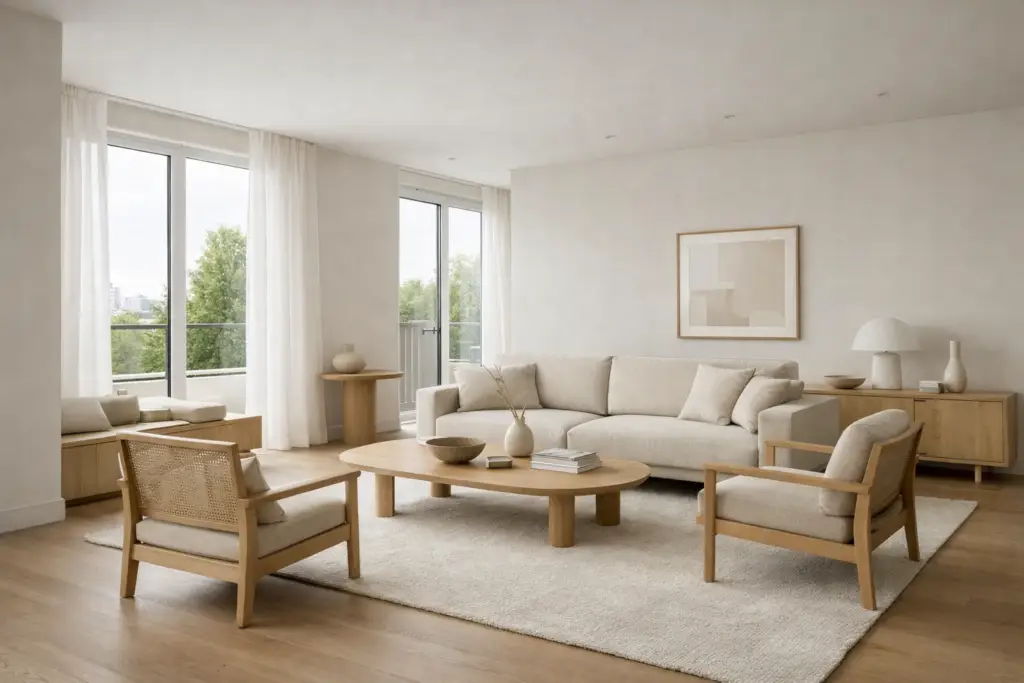 Salon moderne spacieux et lumineux avec grandes fenêtres, mobilier design minimaliste en bois clair et tons neutres, intérieur contemporain européen haut de gamme - Oxygène Pro