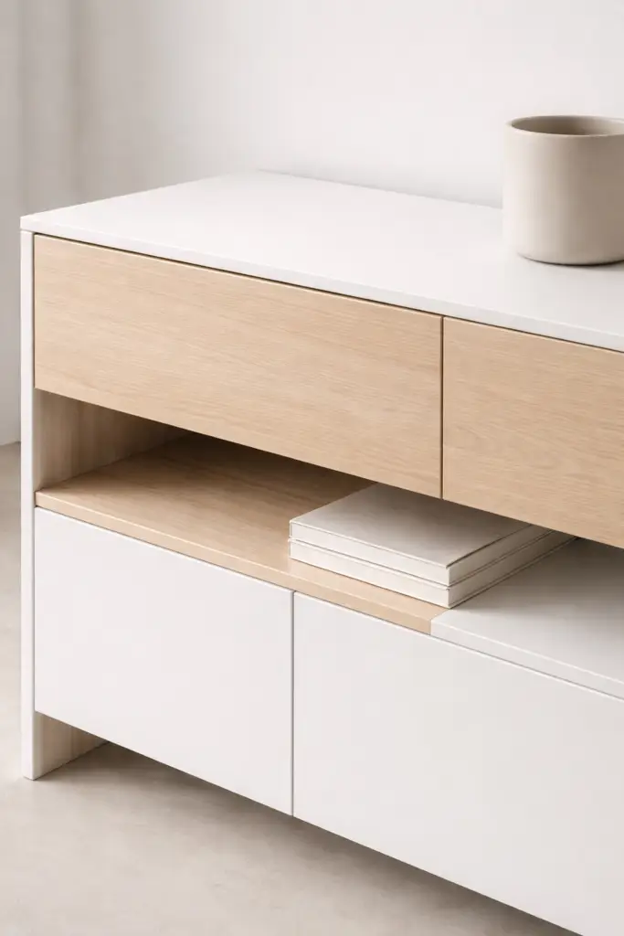 Meuble moderne en bois clair, lignes épurées et finitions mates, design contemporain