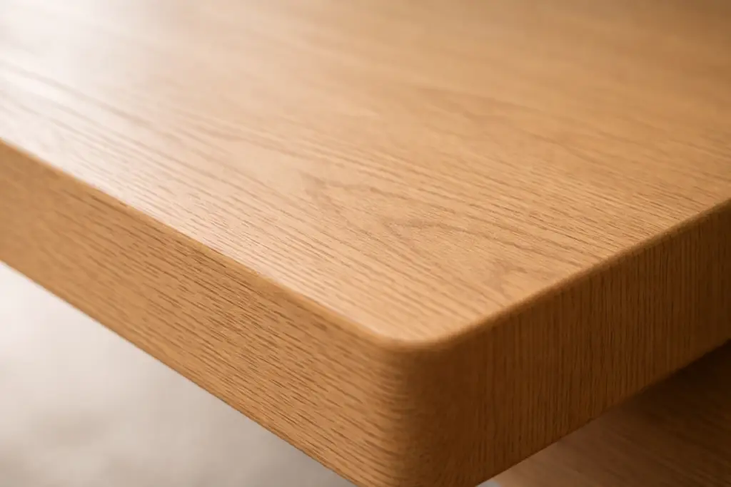 Détail macro d’une surface en bois naturel pour mobilier contemporain, finition mate, texture lisse et fabrication artisanale moderne - Oxygène Pro