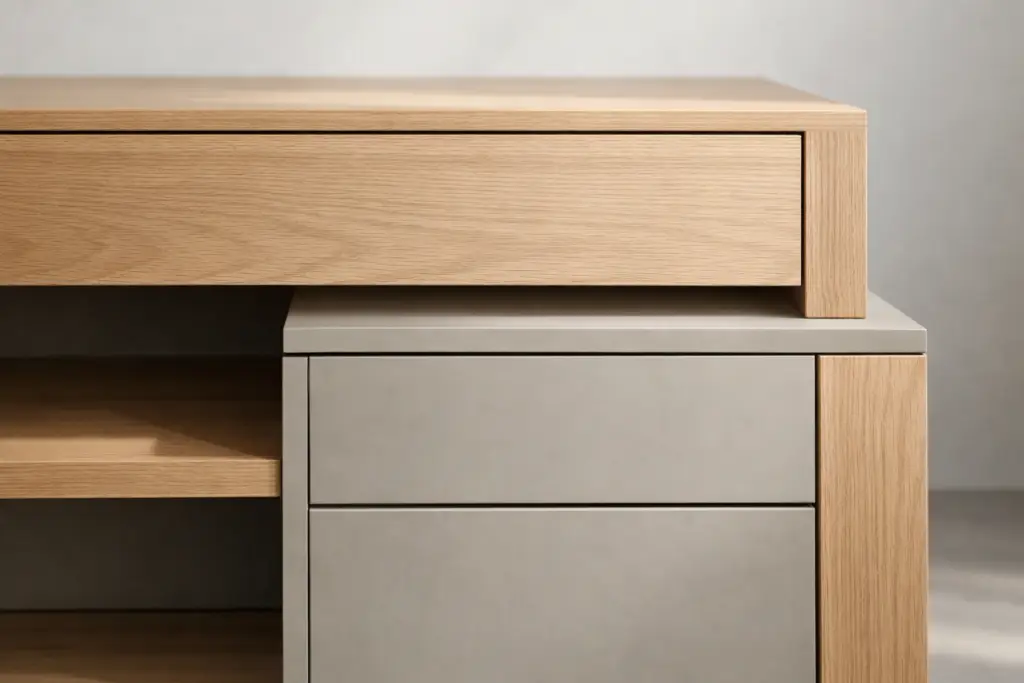 Gros plan de meuble moderne en chêne clair aux lignes droites et finitions mates, design contemporain minimaliste, proportions géométriques, mobilier haut de gamme