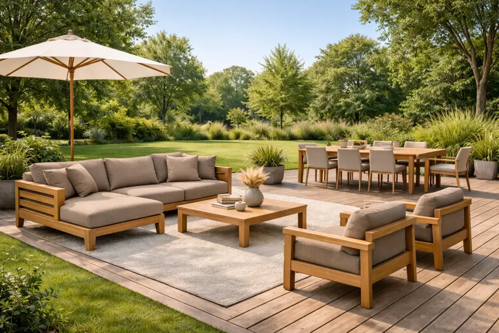 Salon de jardin en bois avec textiles taupe sur terrasse extérieure