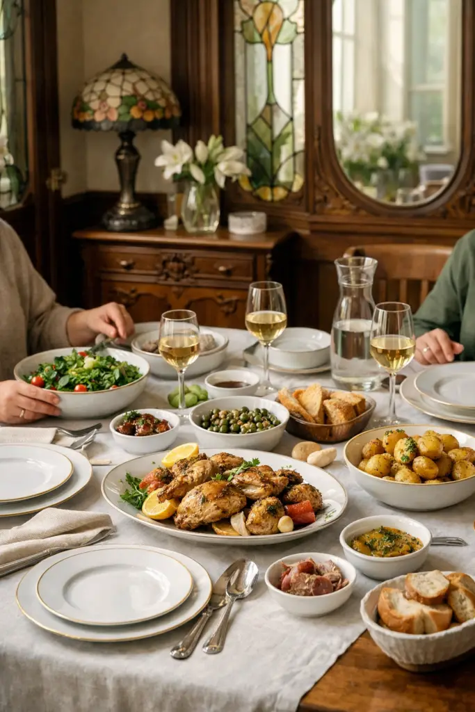 Moment de repas partagé avec un service de table en porcelaine