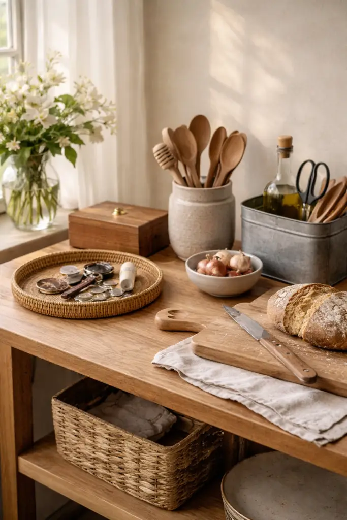 Objets du quotidien durables présentés dans un intérieur ouvert sur l’extérieur