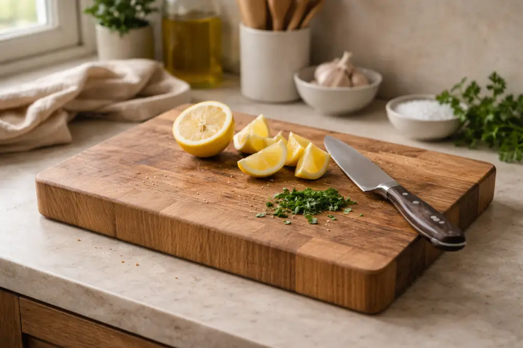 Planche à découper en bois massif utilisée au quotidien