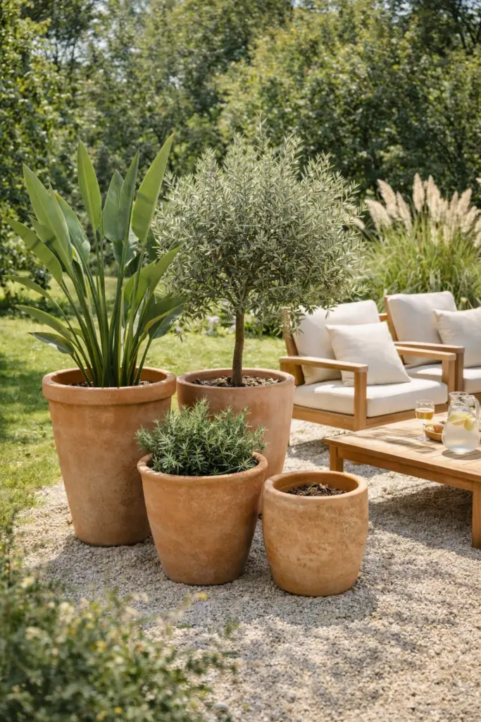 Pots en terre cuite avec plantes et végétation installés dans un jardin extérieur