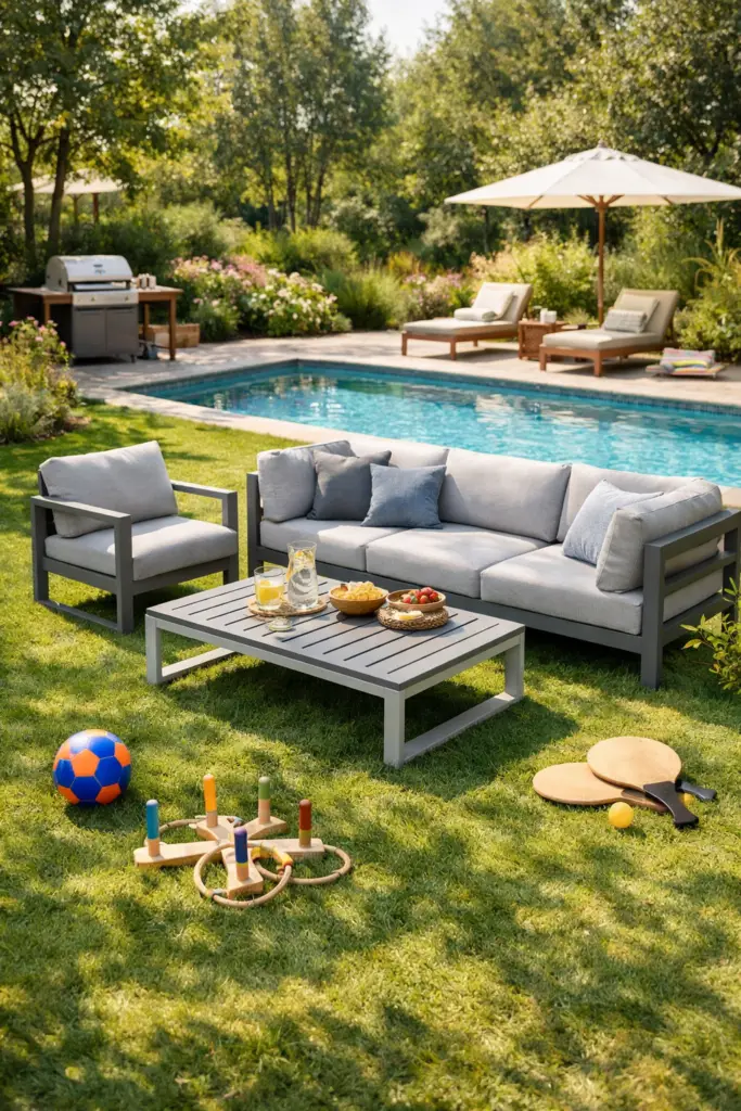 Salon de jardin familial Oxygène Pro installé sur pelouse avec piscine, barbecue et jeux d’enfants, mobilier extérieur élégant et convivial