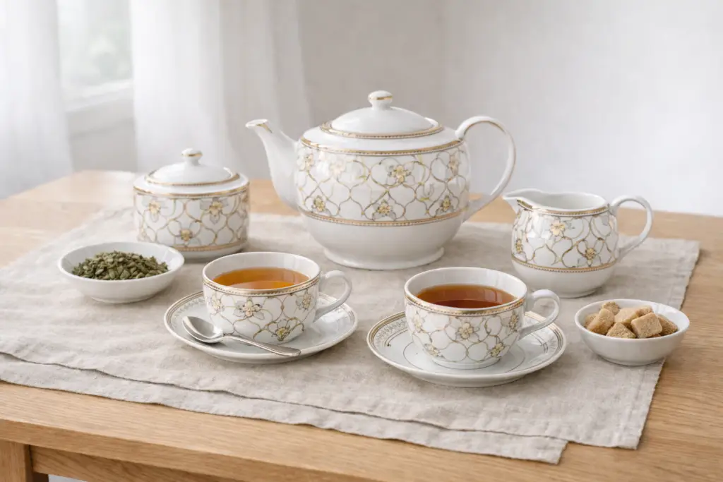 Service à thé en porcelaine haut de gamme présenté dans un intérieur lumineux