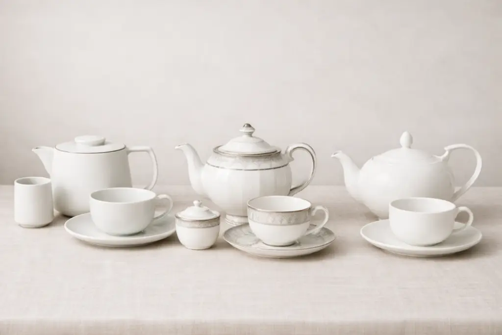 Différents styles de services à thé en porcelaine