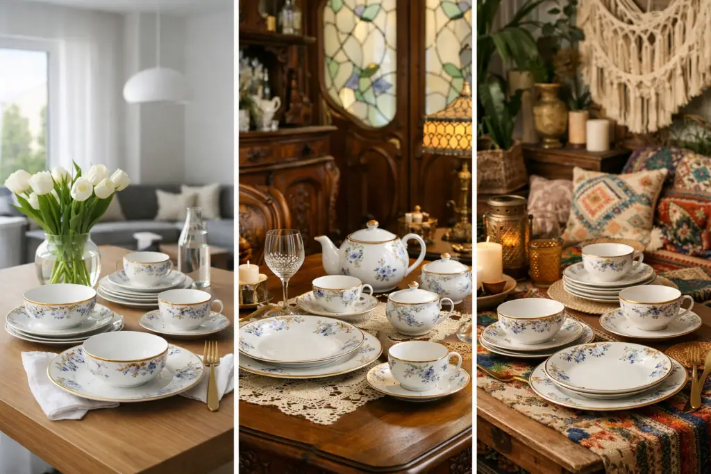 Service de table en porcelaine dans différents styles d’intérieur