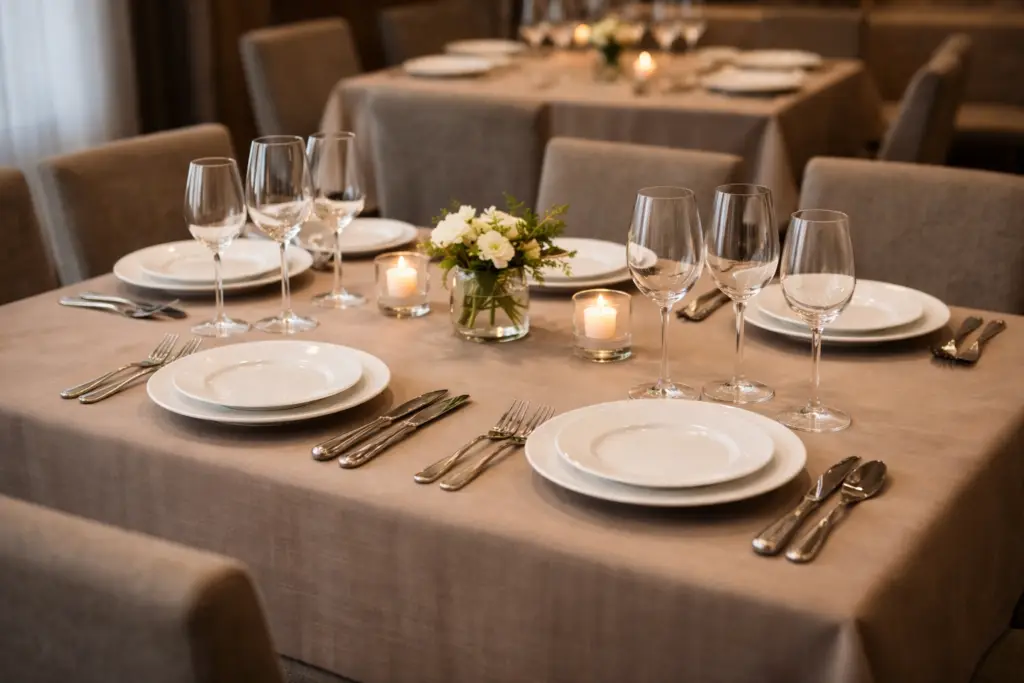 Table dressée avec service de table professionnel en porcelaine