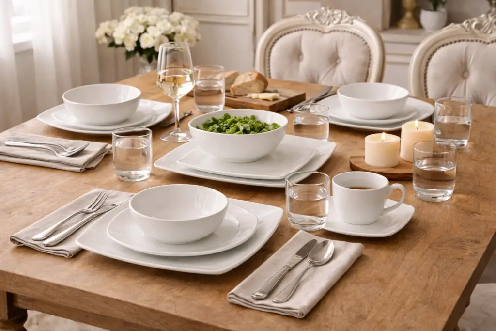 Service de table en porcelaine utilisé lors d’un repas en famille