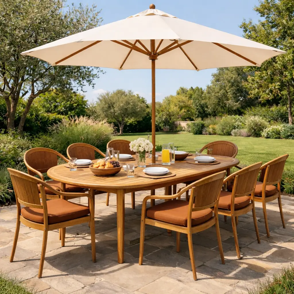 Table de jardin en teck aux formes arrondies avec chaises légères et coussins couleur tabac, installée sur une terrasse en pierre au cœur d’un jardin arboré.