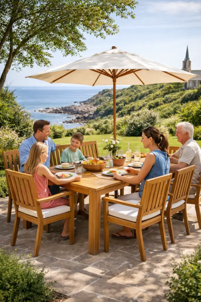 Table de jardin en teck avec chaises assorties, mobilier extérieur en bois naturel utilisé lors d’un repas en plein air