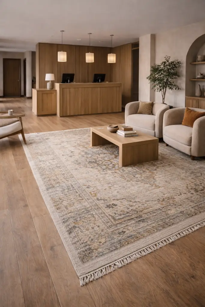 Espace professionnel élégant avec tapis artisanal sur mesure délimitant une zone d’accueil, mobilier cohérent et ambiance chaleureuse – Oxygène Pro
