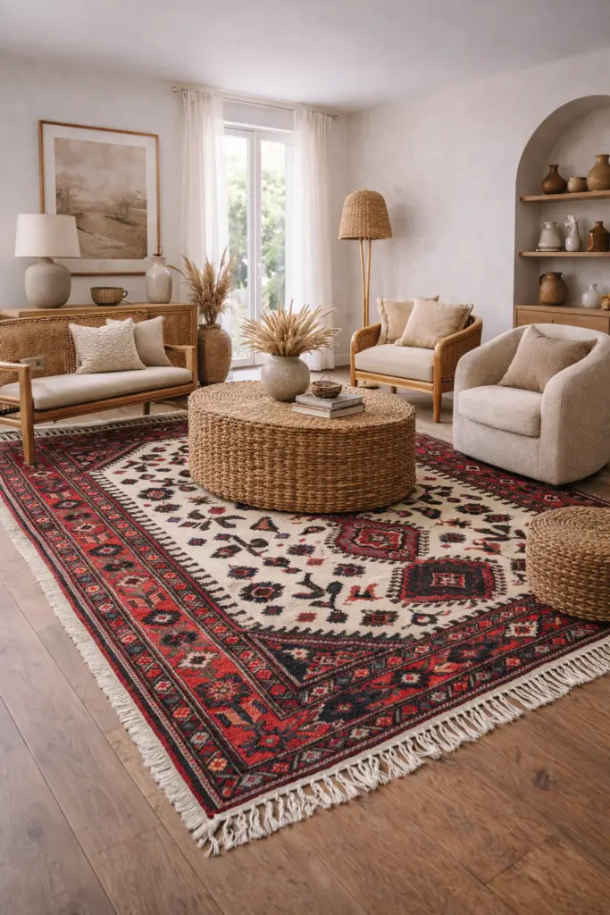 Intérieur bohème élégant avec tapis artisanal traditionnel aux motifs rouges et crème, mobilier en fibres naturelles et décoration authentique – Oxygène Pro
