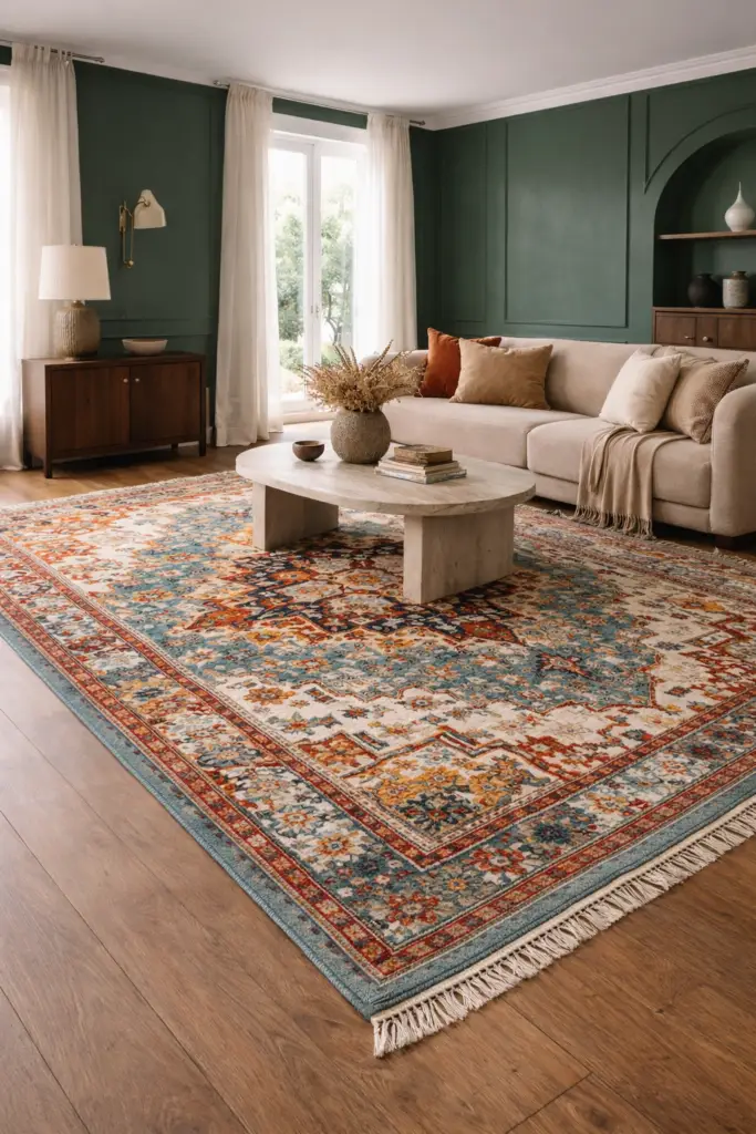 Tapis noué à la main en laine et matières naturelles aux motifs colorés, intégré dans un salon contemporain élégant et lumineux – Oxygène Pro
