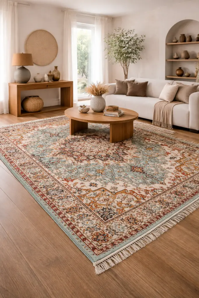 Tapis tissé à la main en coton 100 % aux motifs artisanaux, intégré dans un intérieur contemporain lumineux et chaleureux – Oxygène Pro