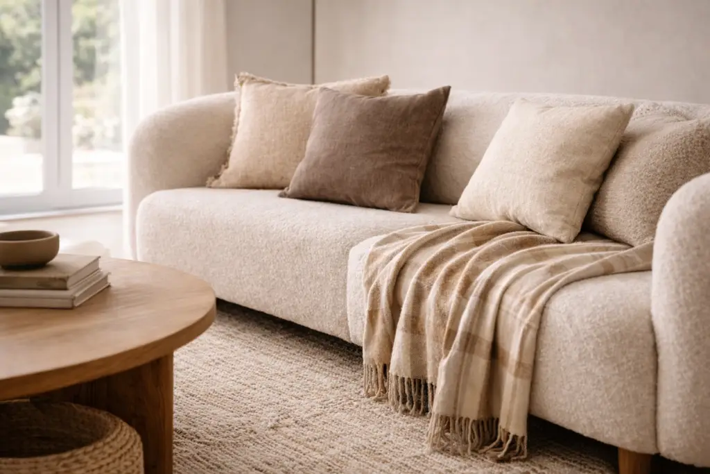 Textiles décoratifs en lin et coton avec coussins et plaid disposés sur un canapé, ambiance intérieure cosy, naturelle et raffinée – Oxygène Pro