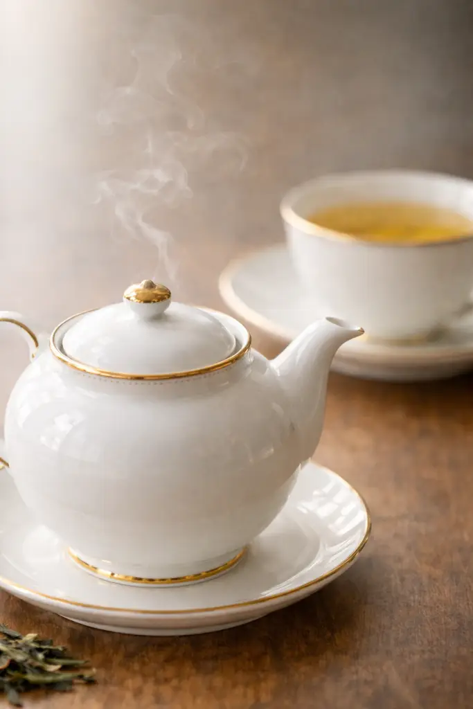 Théière en porcelaine lors de l’infusion d’un thé d’exception