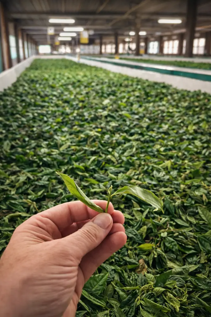 Atelier artisanal de transformation sur le domaine au Sri Lanka, contrôle des feuilles de thé à l’entrée