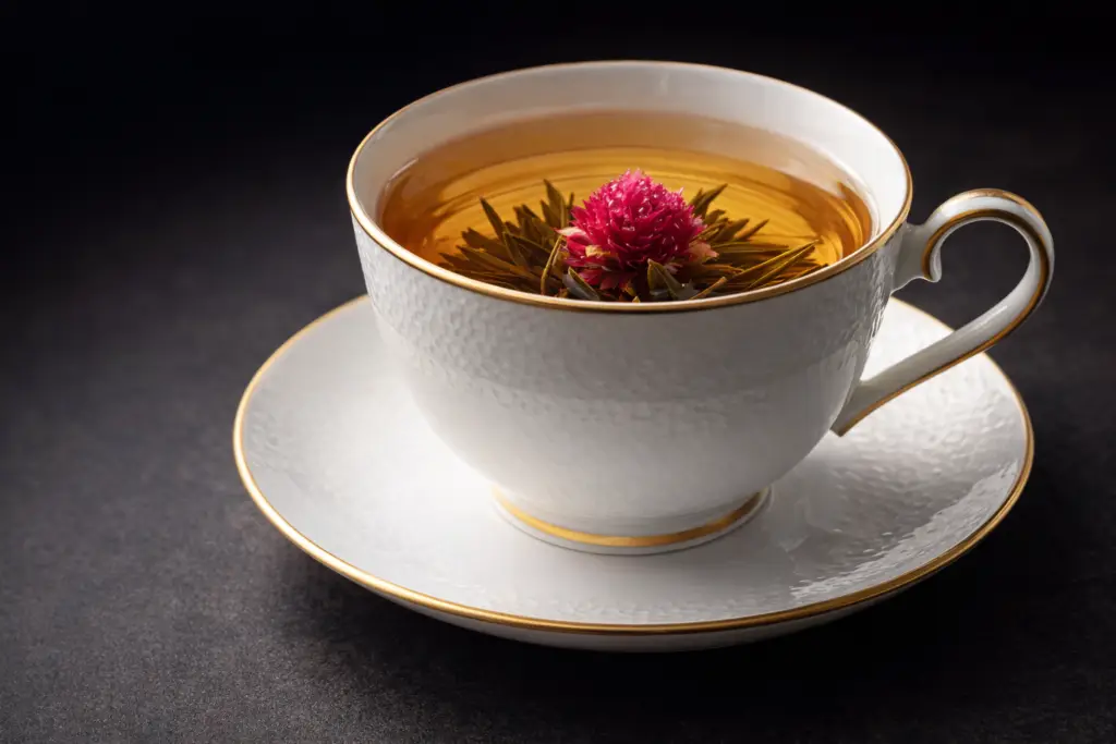 Boule de thé vert du Sri Lanka contenant des fleurs d’amarante, s’ouvrant à l’infusion dans une tasse