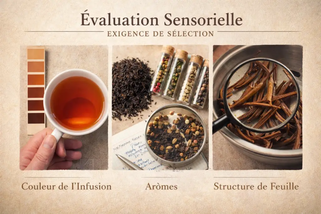 Dégustation de thé du Sri Lanka : feuille entière et liqueur claire pour analyser couleur, odeur et profil aromatique