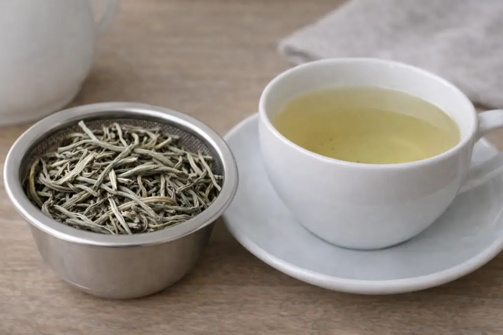 Infusion de thé blanc claire dans une tasse en porcelaine