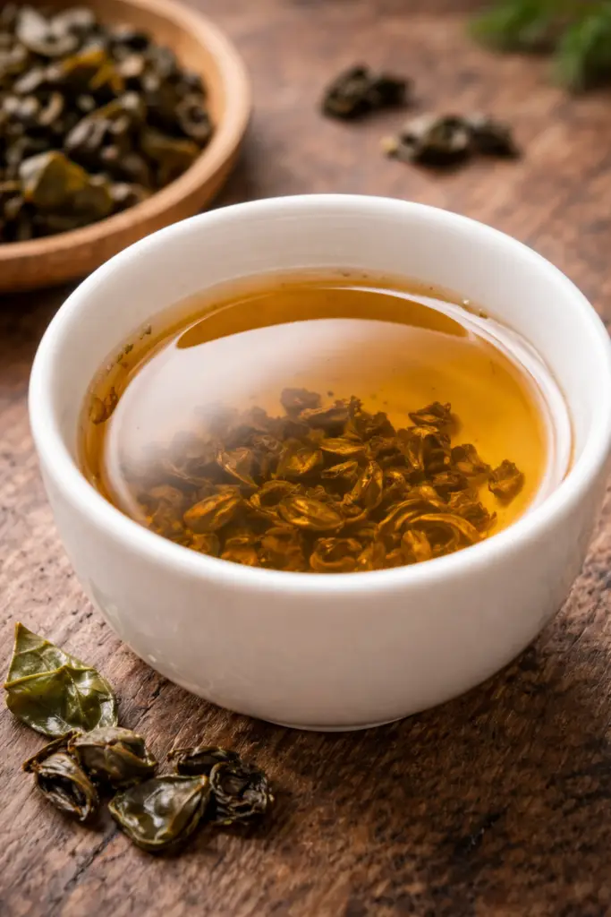 Infusion dorée de thé Oolong en tasse en porcelaine