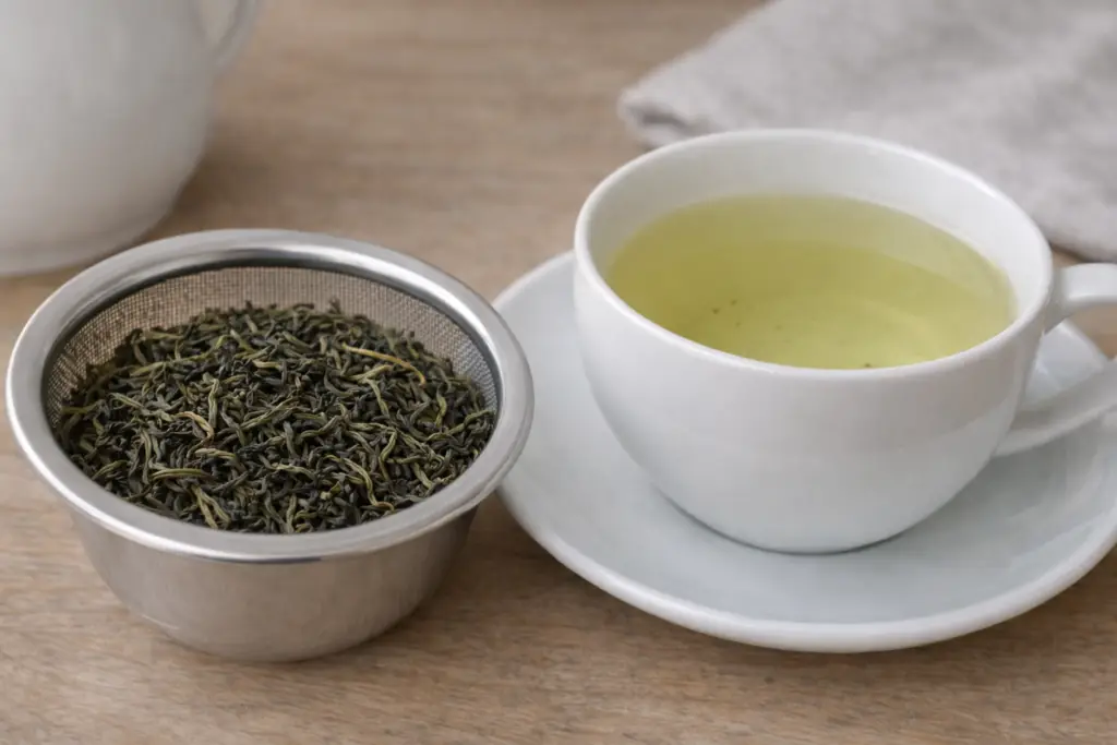 Infusion claire de thé vert en feuilles dans une tasse en porcelaine